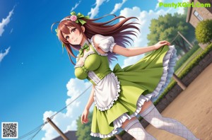 A woman in a green dress sitting on a bed.
