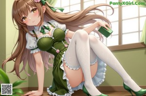 A girl in a green dress and white stockings posing for a picture.