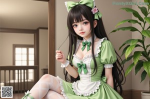 A woman in a green dress and white stockings posing in front of a fireplace.
