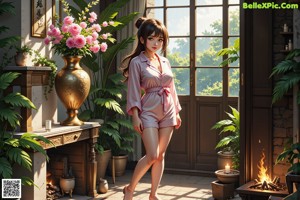 A woman in a white shirt is posing by a window.