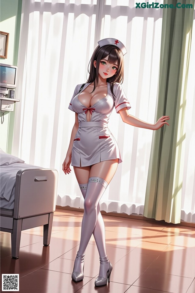 A woman in a nurse outfit standing in a hospital room.