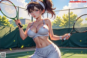 A woman holding two tennis rackets on a tennis court.