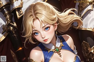 A woman in a white and blue outfit holding a sword.