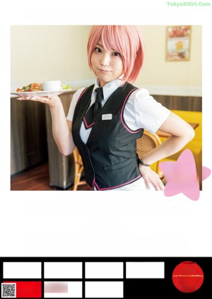 A woman with pink hair standing in front of lockers.