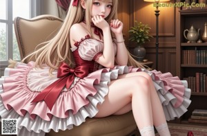 A woman in a dress and stockings standing in a room.