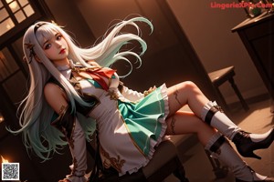 A woman with long white hair standing in front of a dark background.