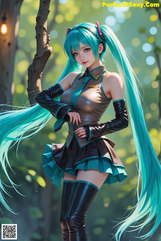 A woman with long blue hair standing in a forest.