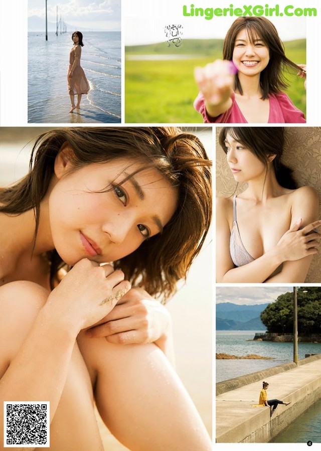 A collage of photos of a woman in a bikini.