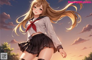 A girl in a school uniform is standing on a rock.