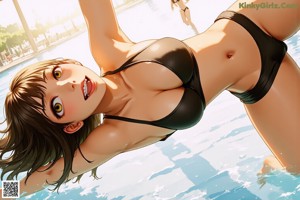 A woman in a black bikini sitting in a swimming pool.