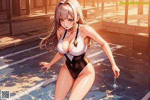 A woman in a bathing suit standing next to a swimming pool.
