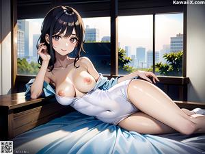A woman in a white lingerie sitting on a bed.