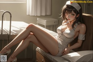 A woman in a nurse outfit sitting on a bed.