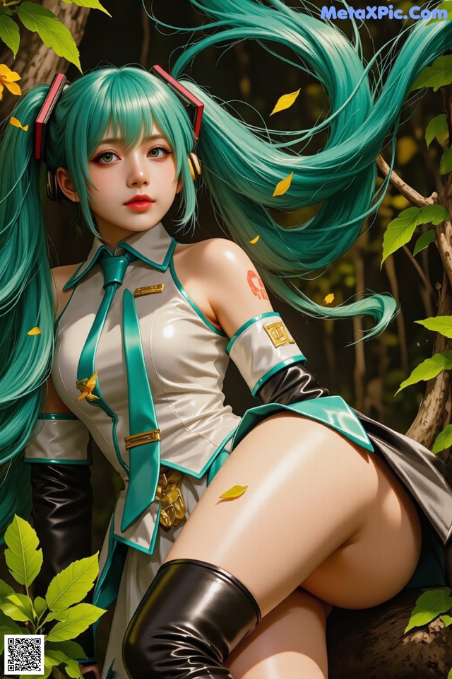 A woman with long green hair sitting on a tree branch.