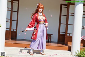 A woman in a white kimono with a purple sash and a sword at her side.