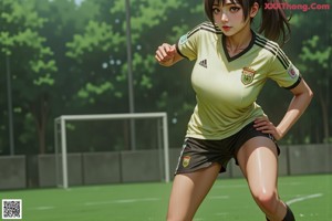 A woman in a yellow and white shirt is posing on a soccer field.