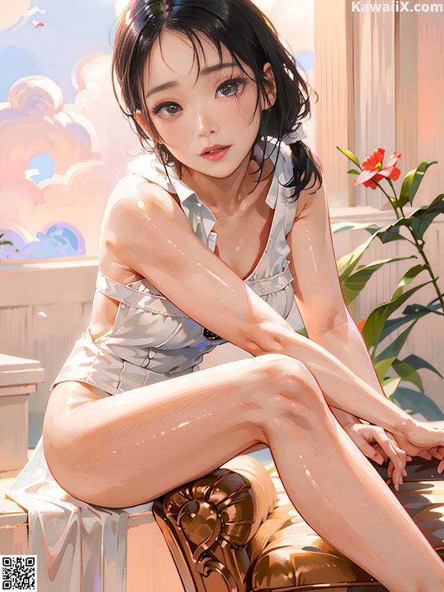 A woman sitting on top of a chair next to a plant.