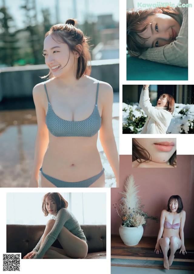 A collage of photos of a woman in a bikini.
