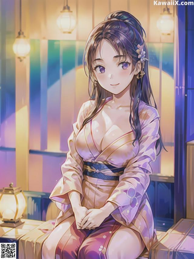 A woman in a kimono sitting on a bed.