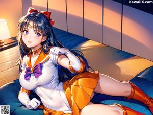 A girl in a sailor outfit sitting on a table.