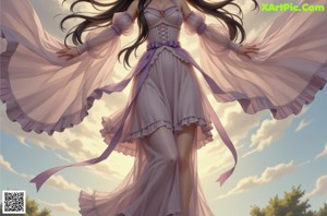 A woman with long black hair wearing a purple dress.