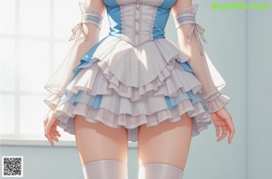 a woman in a blue and white dress posing for a picture