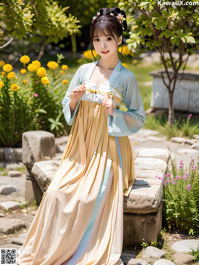 A woman in a blue and beige hanbok is posing for a picture.