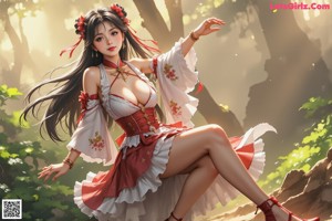 A woman in a red and white dress standing on a bridge.