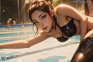 A woman in a black bikini sitting by a swimming pool.