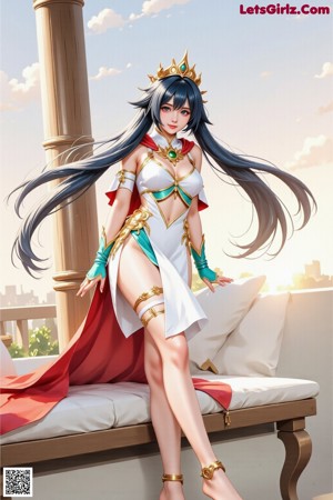 A woman in a white and blue outfit with a crown on her head.