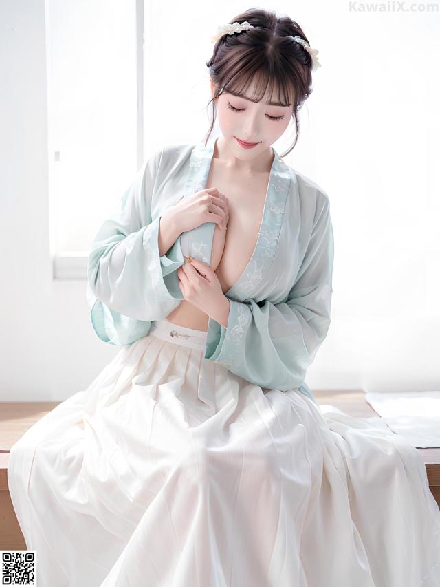 A woman in a white dress sitting on a wooden bench.