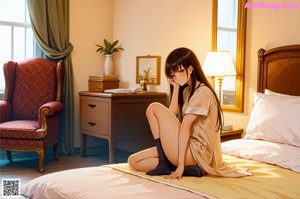 A woman in a white bikini sitting on a bed.