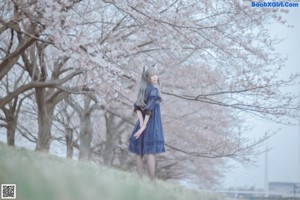 A woman in a blue dress holding a branch of a tree.