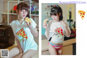 A woman in a white shirt and pink panties holding a donut.