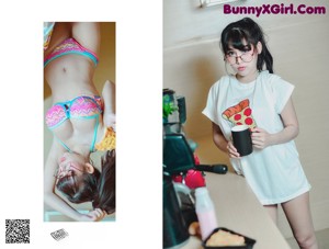 A woman in a bikini holding a slice of pizza.