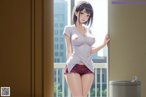 A woman in stockings and stockings sitting on a bed.