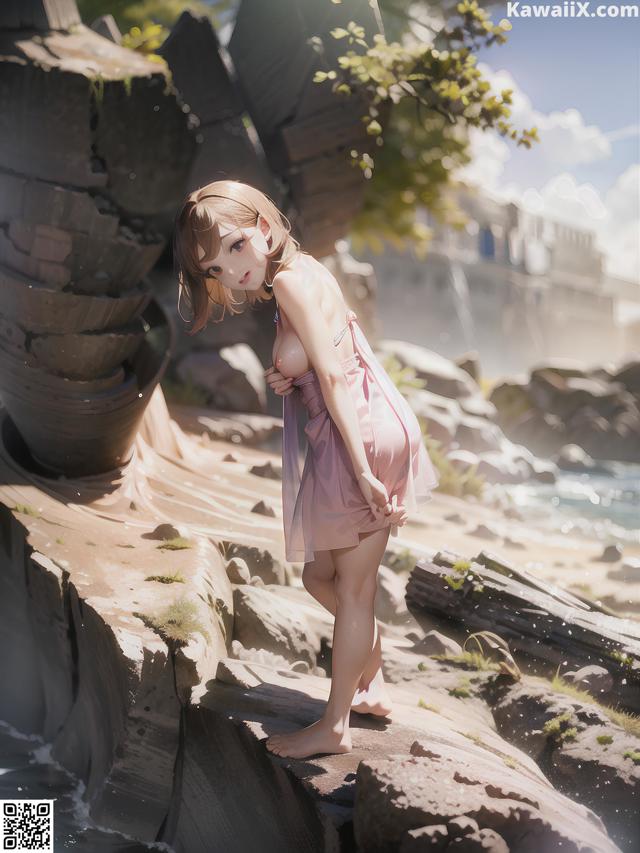 A woman in a pink dress standing on a rock by the water.