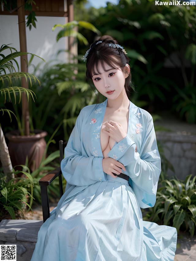 A woman in a blue dress sitting on a bench.
