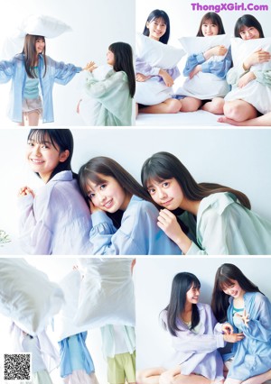Three young women sitting on a bed with pillows.