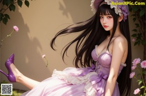 a woman in a purple dress and hat posing for a picture