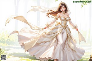 A woman in a wedding dress standing in a forest.