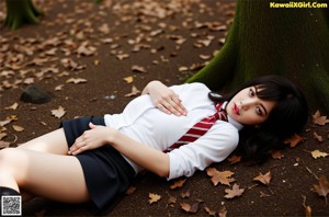 A woman in a school uniform standing in the woods.