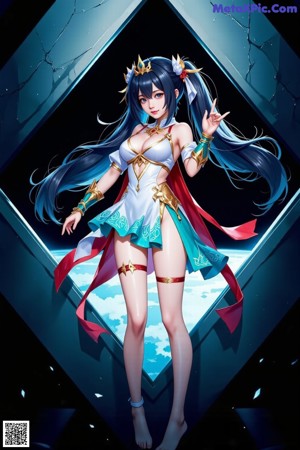 A woman with long blue hair wearing a white dress and a crown.